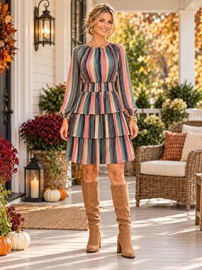Cato EST. 1946 Boho Stripe Tiered Dress M |  Sheer Sleeves Cottagecore